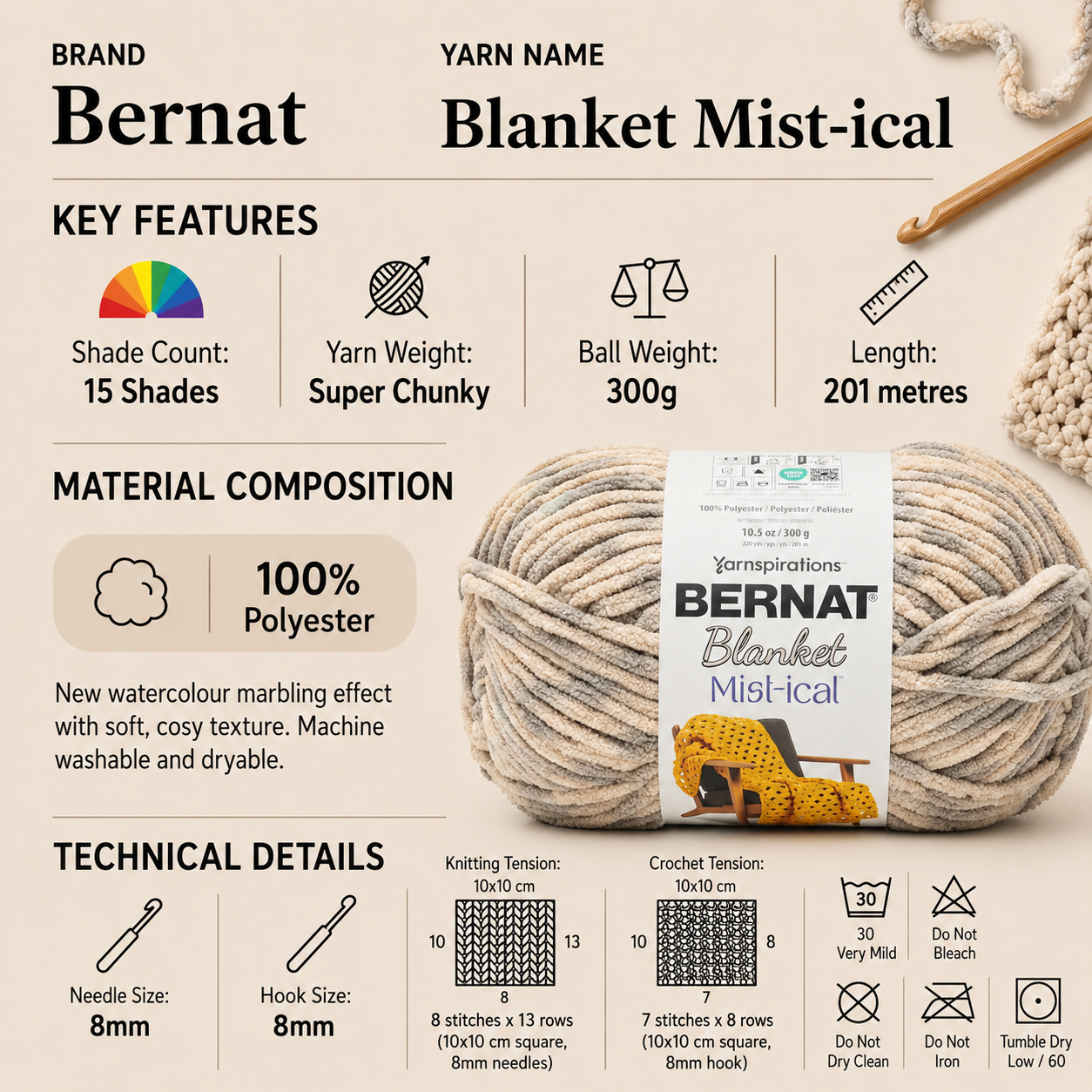 Bernat Blanket Mist-Ical Super Chunky Crochet Yarn - 300G, 100% Polyester Soft Marbled Chenille Bulky Weight Thick Knitting Wool for Blankets, Throws & Afghans