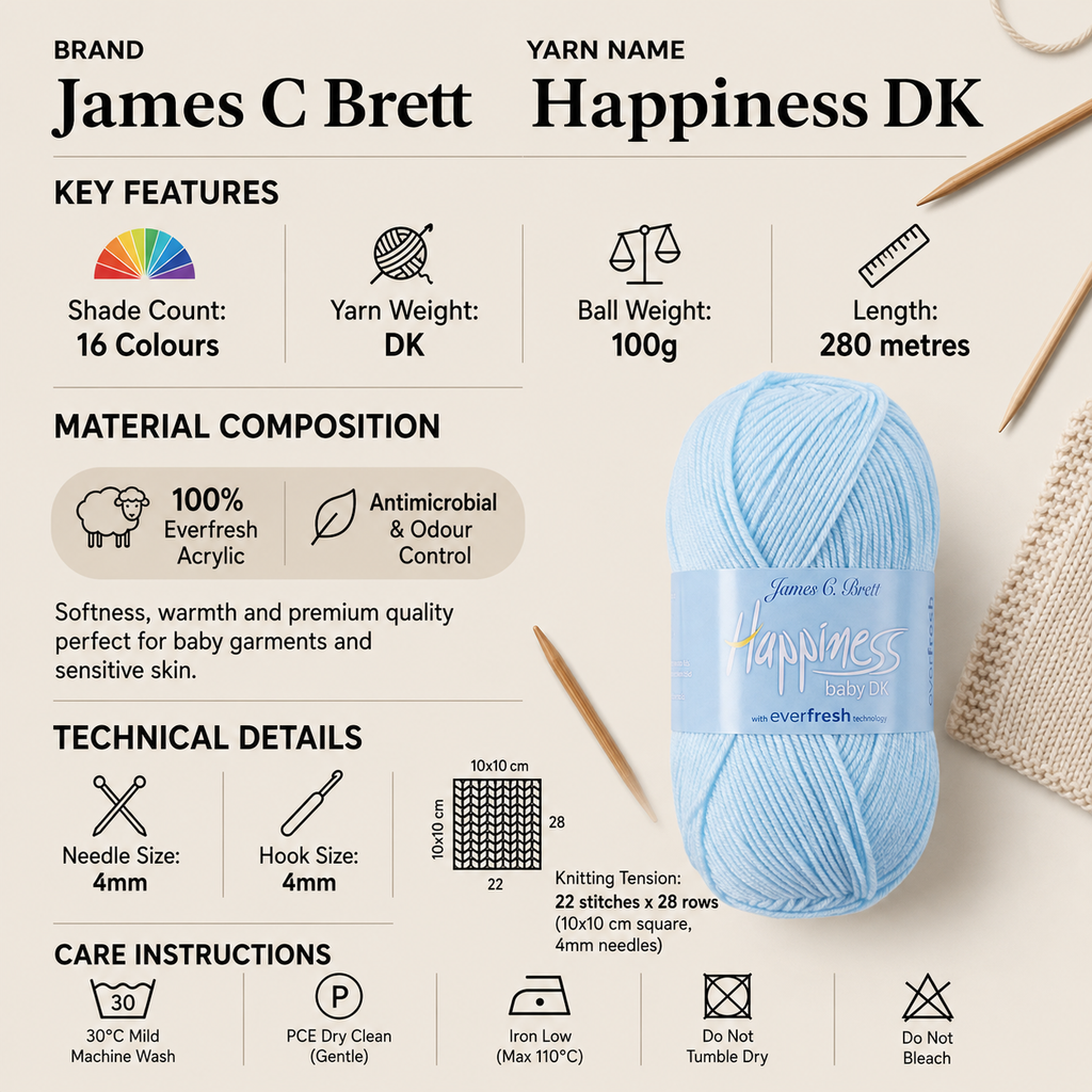 James C Brett Happiness DK Crochet Yarn - 100g, Everfresh 100% Acrylic Double Knitting Yarn for Baby Garments, Antimicrobial, Soft Baby Yarn