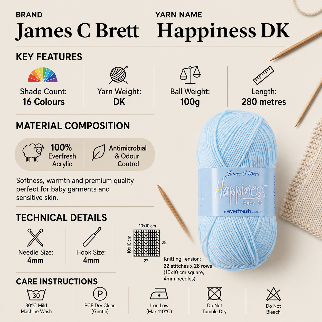 James C Brett Happiness DK Crochet Yarn - 100g, Everfresh 100% Acrylic Double Knitting Yarn for Baby Garments, Antimicrobial, Soft Baby Yarn