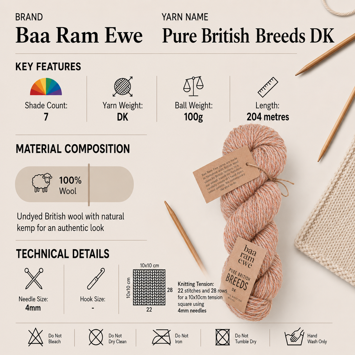 Baa Ram Ewe British Breeds DK Yarn - 100g, 100% Undyed Wool Double Knitting & Crochet Yarn for Jumpers, Sweaters & Accessories