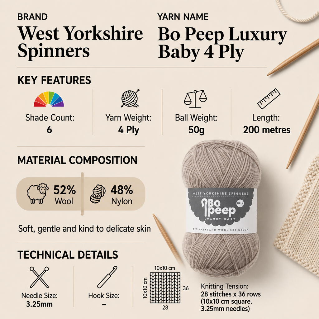 West Yorkshire Spinners Bo Peep Luxury Baby 4 Ply Yarn - 50g, Luxury Wool Nylon Blend Lightweight Crochet & Knitting Baby Wool Yarn for Baby Blankets & Garments