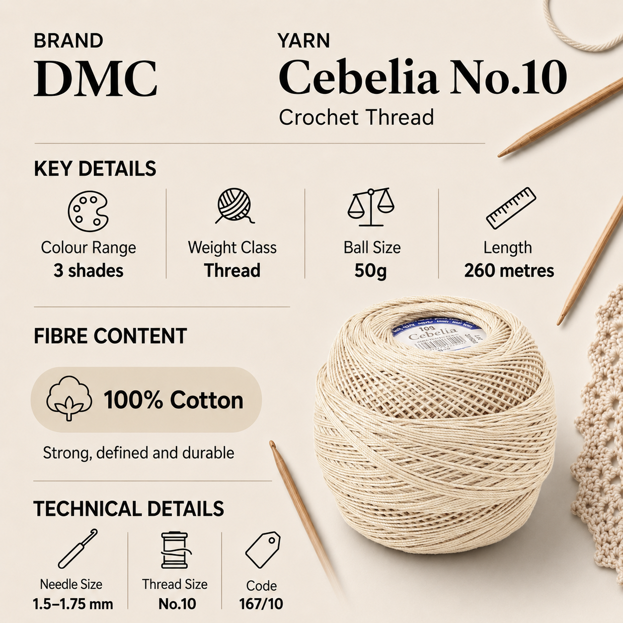 DMC Cebelia No.10 Crochet Thread Yarn - 50g, Three-cord, Double Mercerised 100% Cotton Fade Resistant Knitting Yarn for Decorative Lacework, Doilies & Crafting