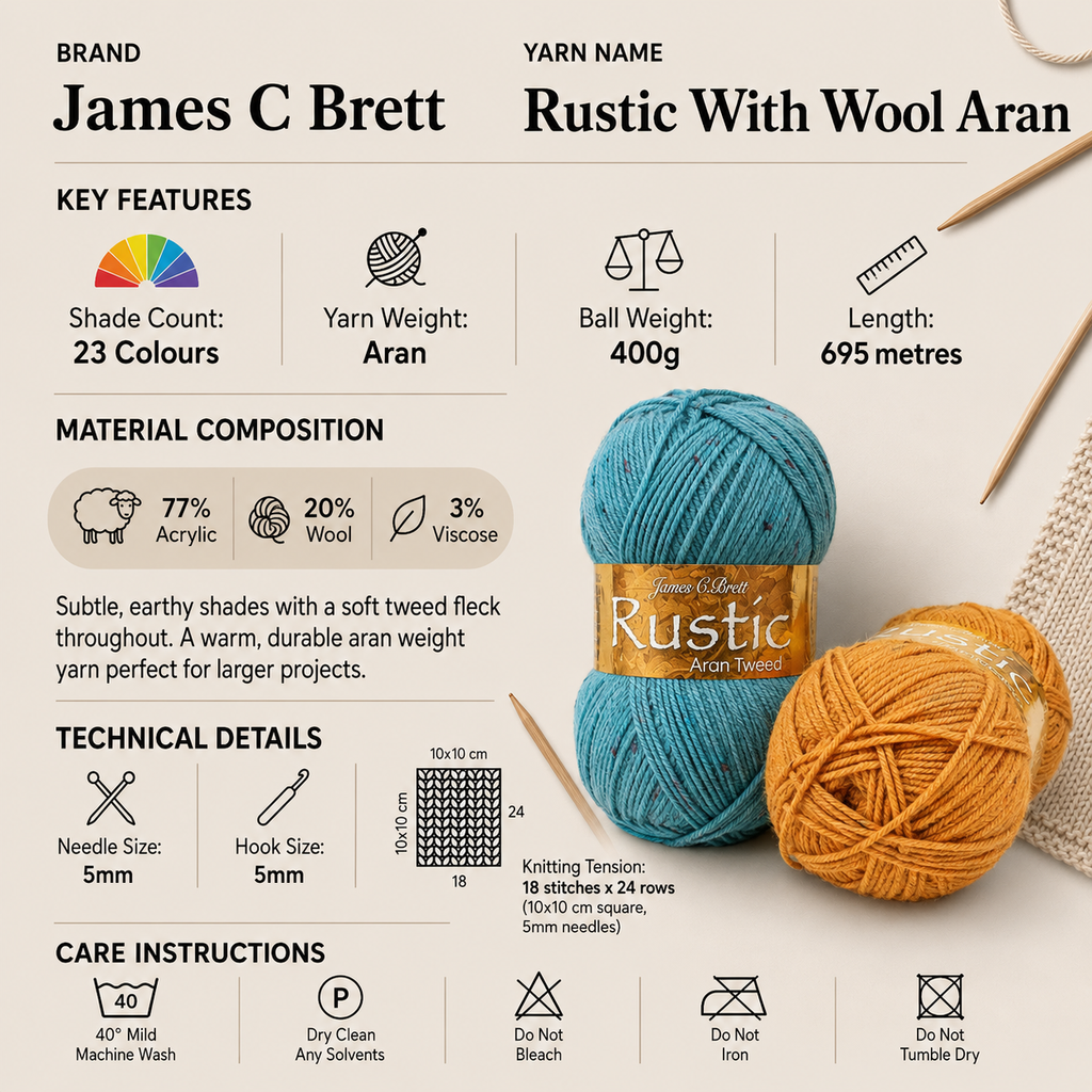 James C Brett Rustic With Wool Aran Yarn - 400g, Acrylic, Wool & Viscose Blend Crochet & Knitting Yarn for Jumpers, Sweaters, Cardigans & Jackets