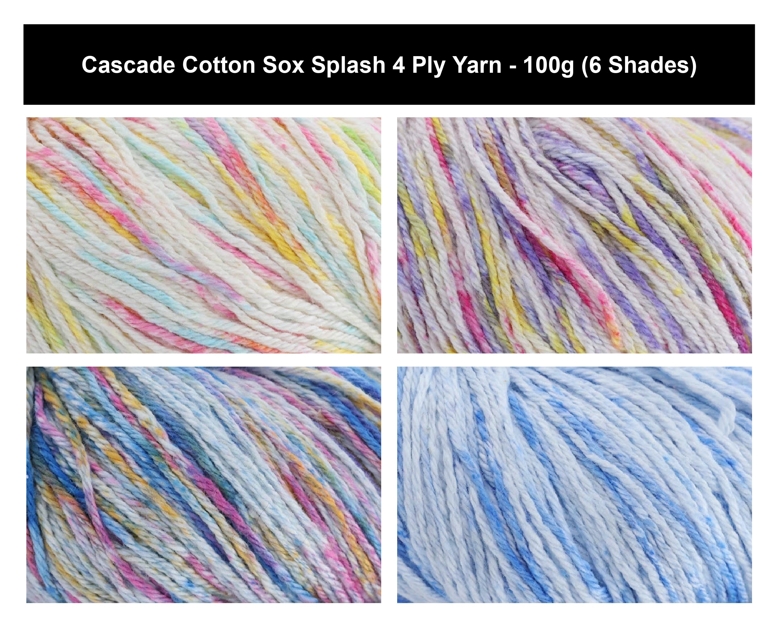Cascade Cotton Sox Splash 4 Ply Yarn - 100g, Cotton Nylon Blend Breathable Variegated Soft Crochet & Knitting Wool for Baby Knits, Garments & Accessories