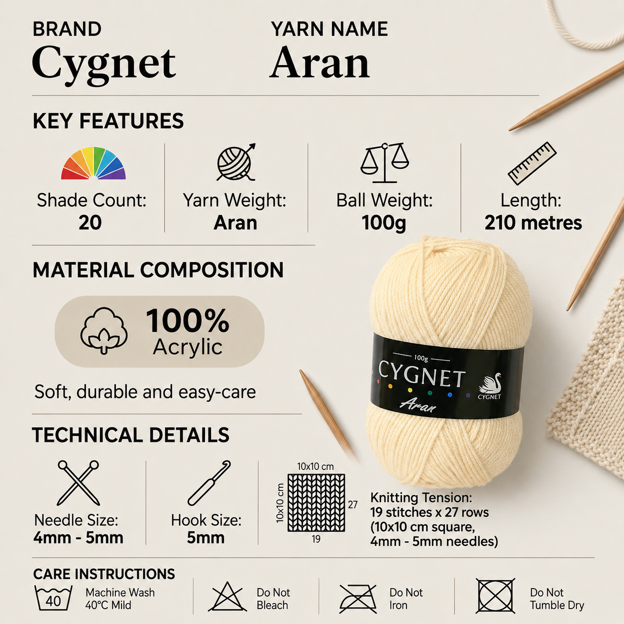 Cygnet signature Aran Crochet Yarn - 100g, 100% Acrylic Versatile Classic Shades Knitting Yarn for Ladies Knitwear and Mens Jumpers