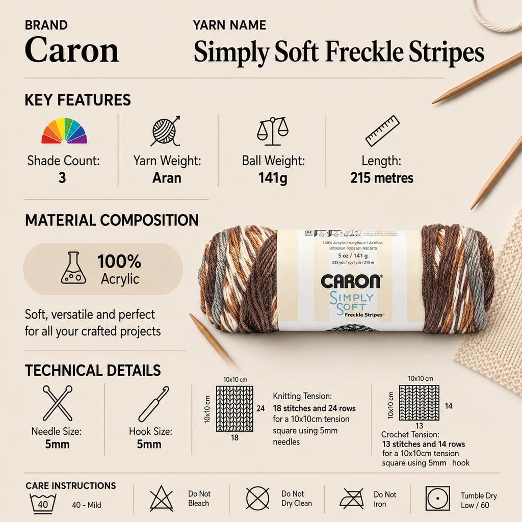 Caron Simply Soft Freckle Stripes Aran Yarn - 141g, 100% Acrylic Self-Striping Yarn with Lustrous Sheen for Crochet and Knitting Garments & Accessories