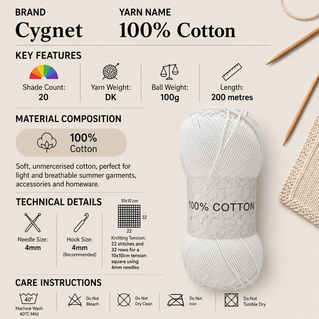 Cygnet 100% Cotton Crochet DK Yarn - 100g, Soft Lightweight Cotton Double Knitting & Crochet Yarn for Summer Garments, Accessories & Decorative Projects
