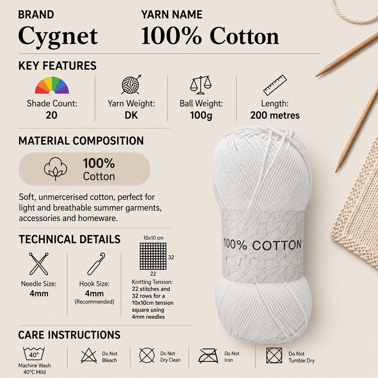 Cygnet 100% Cotton Crochet DK Yarn - 100g, Soft Lightweight Cotton Double Knitting & Crochet Yarn for Summer Garments, Accessories & Decorative Projects