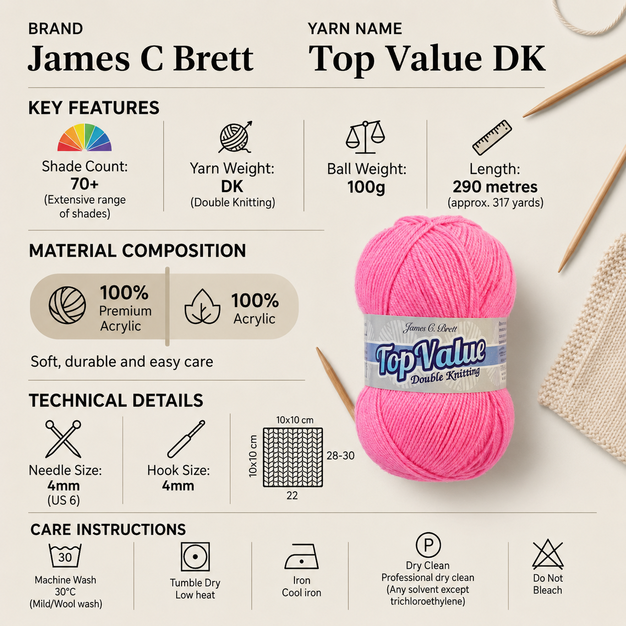 James C Brett Top Value DK Crochet Yarn - 100g, 100% Acrylic Double Knitting Wool Yarn for Blankets, Jumpers, Hats & Toys
