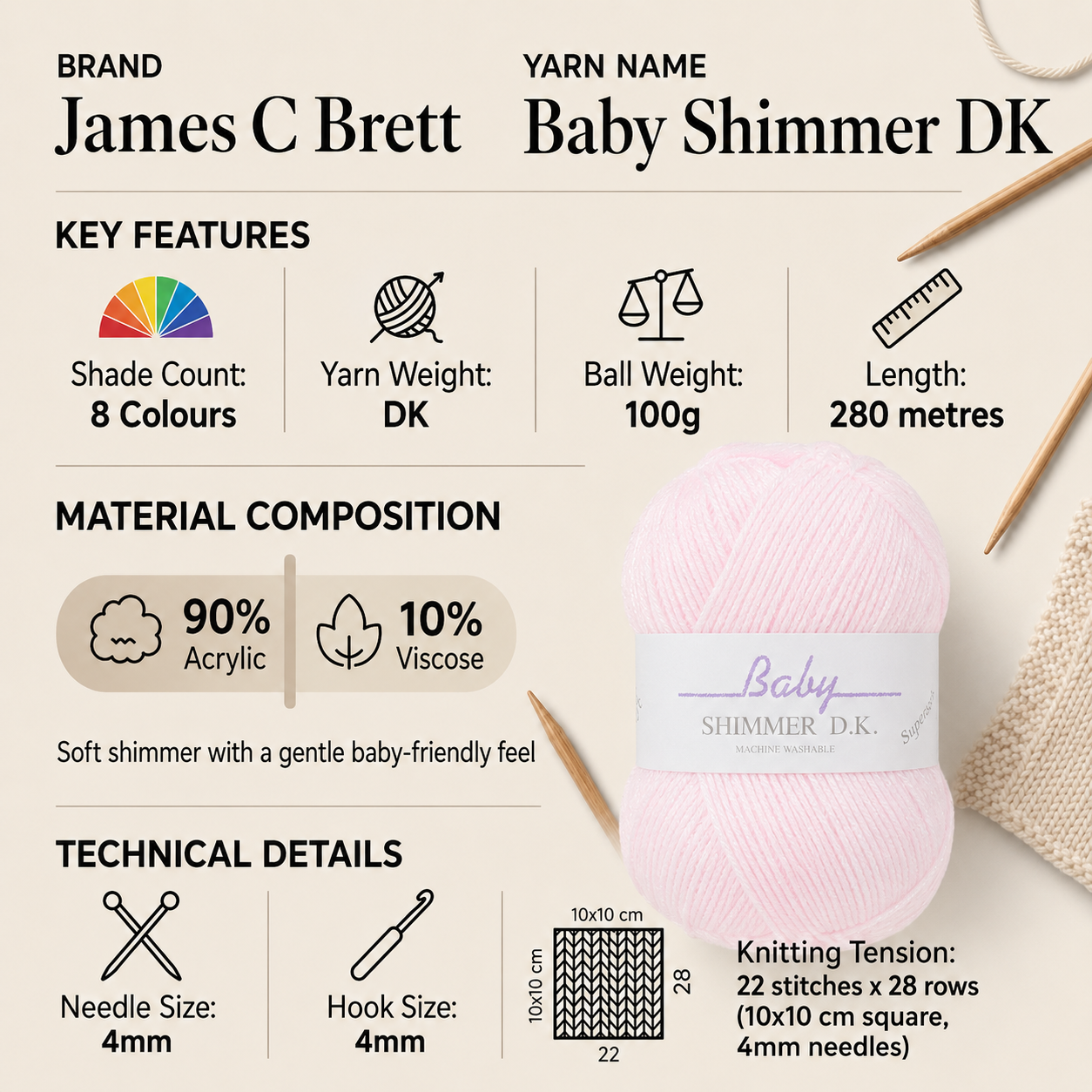 James C Brett Baby Shimmer DK Yarn - 100g, Soft Acrylic & Viscose Blend Sparkly Double Knitting Baby Yarn for Garments & Accessories