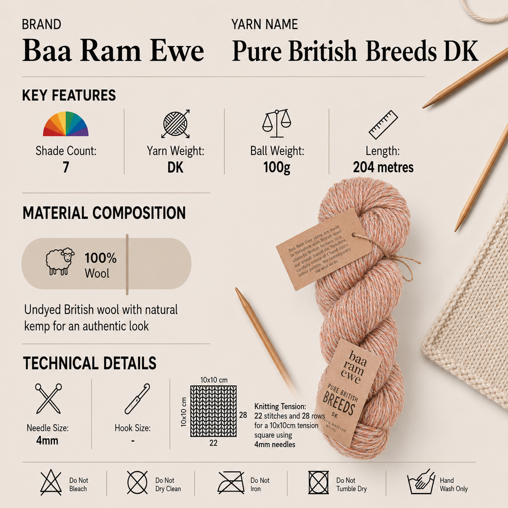 Baa Ram Ewe British Breeds DK Yarn - 100g, 100% Undyed Wool Double Knitting & Crochet Yarn for Jumpers, Sweaters & Accessories