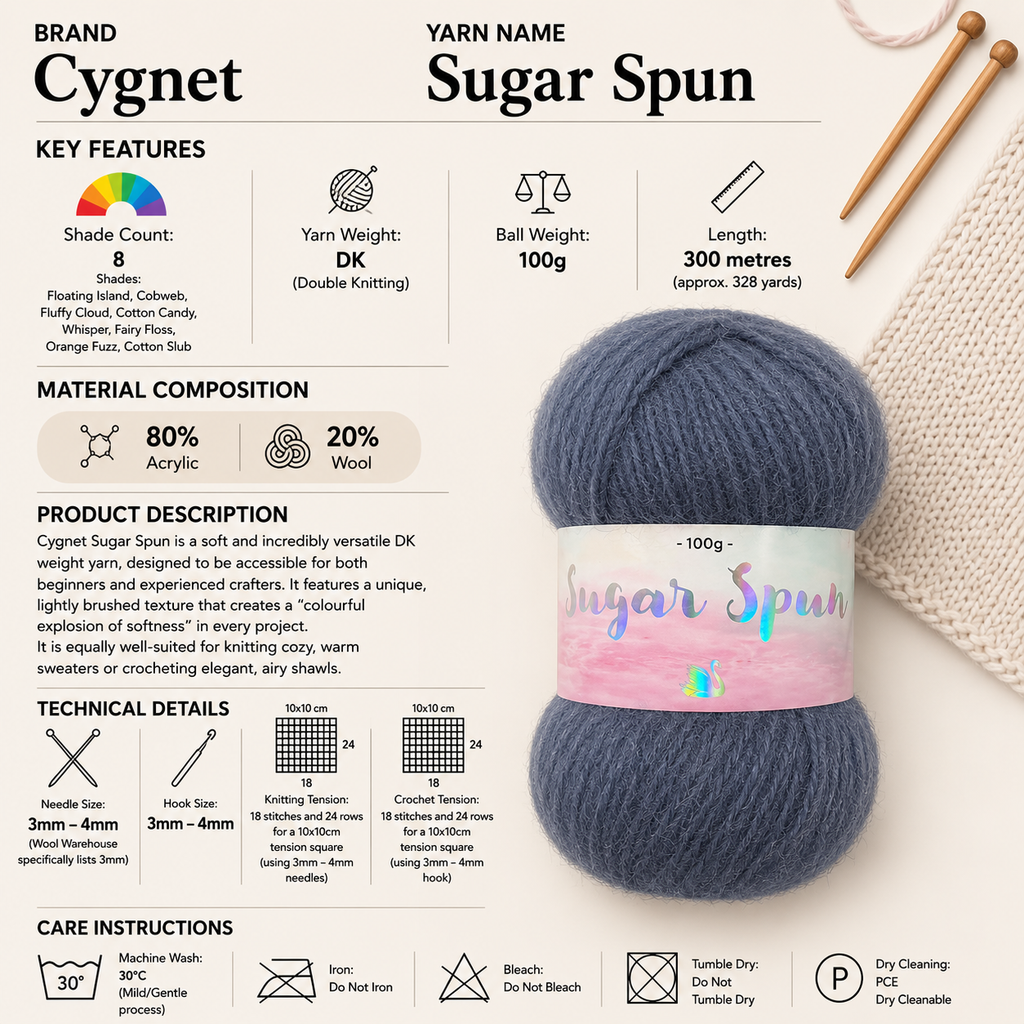 Cygnet Sugar Spun DK Crochet Yarn - 100g, Soft Brushed Wool Acrylic Blend Double Knitting Yarn for Sweaters, Jumpers & Shawls