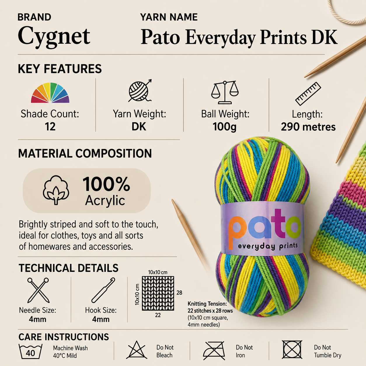 Cygnet Pato Everyday Prints DK Crochet Yarn - 100g, 100% Acrylic Striped Double Knitting Yarn For Toys, Clothes, Homewares & Accessories
