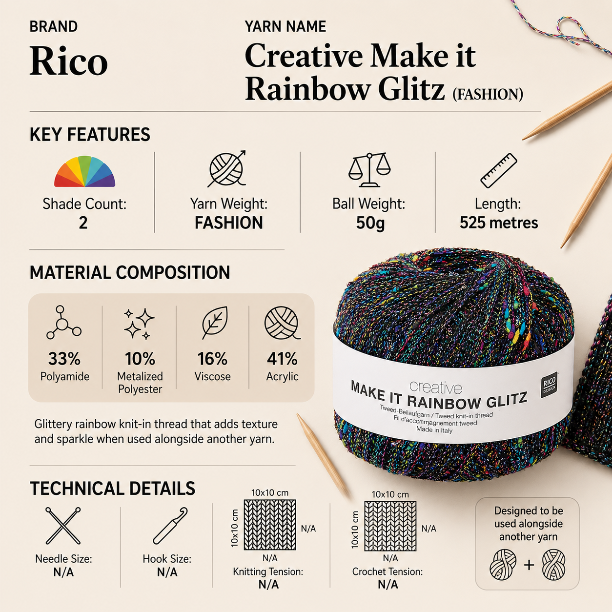 Rico Creative Make It Rainbow Glitz Fashion Yarn - 50G, Polyamide Acrylic Blend Metalized Sparkle Effect Shimmer Crochet Knitting Wool for Sweaters, Shawls & Wraps