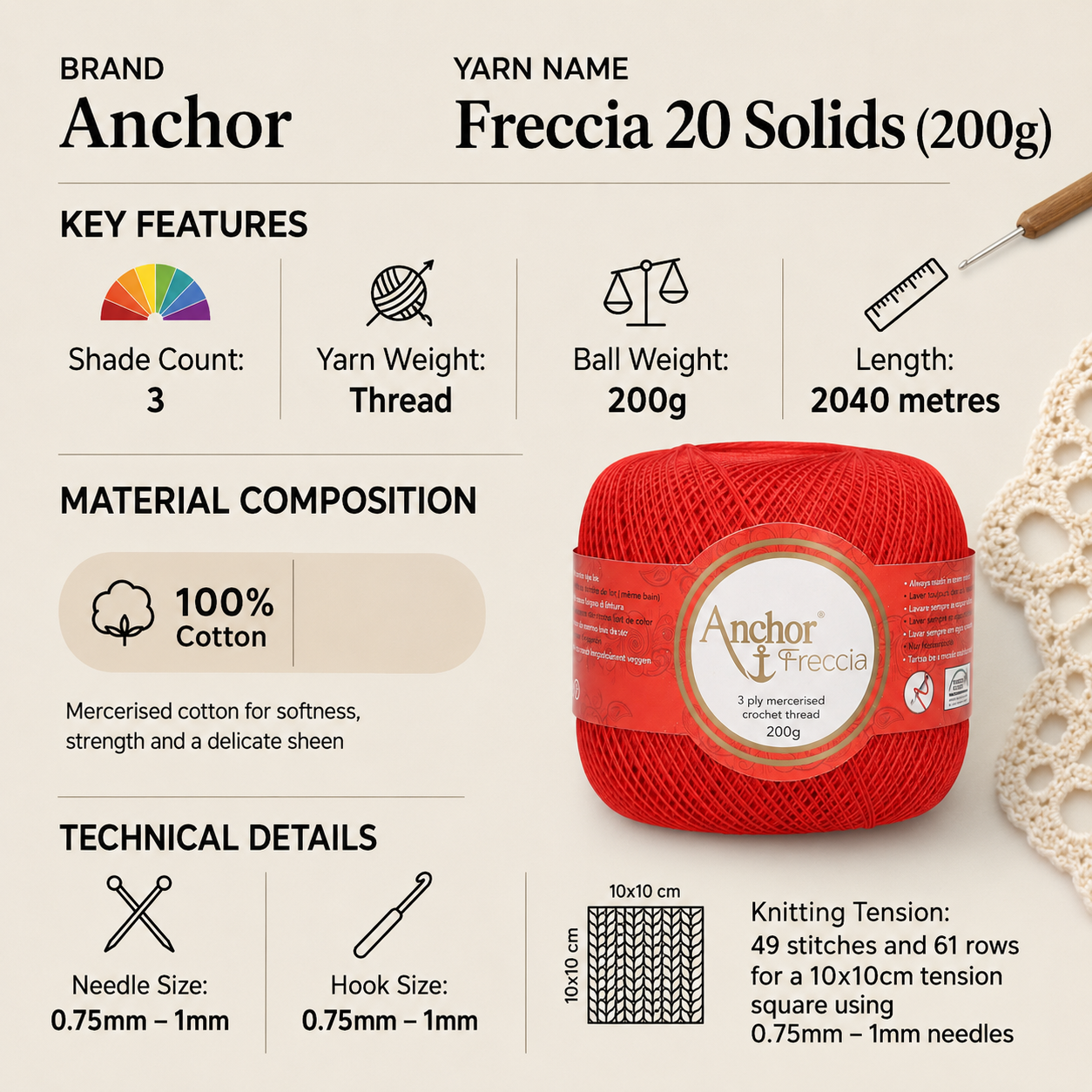 Anchor Freccia 20 Solids Crochet Thread Yarn - 200g, 100% Mercerised Cotton Fine Lace Weight Yarn for Crochet, Knitting, Home Décor & Baby Garments