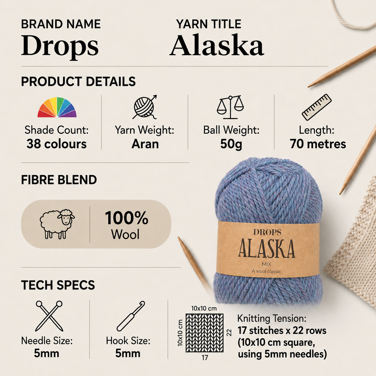 Drops Alaska Aran Yarn for Crochet - 50g, Luxury 100% Wool Classic Spun Rustic Knitting Yarn with Natural Texture for Sweaters, Accessories & Home Décor