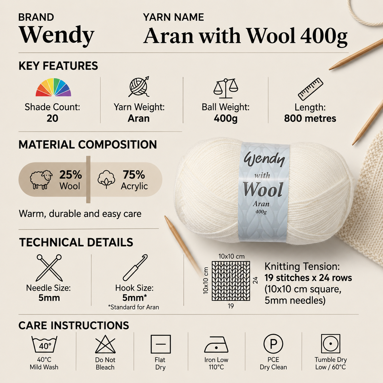 Wendy Aran With Wool Crochet Yarn - 400g, Luxury Acrylic & Wool Blend Worsted Weight Soft Jumbo Knitting Yarn for Winter Cozy Jumper, Sweaters & Cardigans