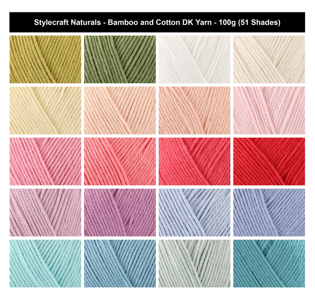 Stylecraft Naturals Bamboo and Cotton DK Yarn - 100g, Bamboo Cotton Blend Sensitive Skin Double Knitting Crochet Wool for Summer Garments, Crafting & Baby's Accesories