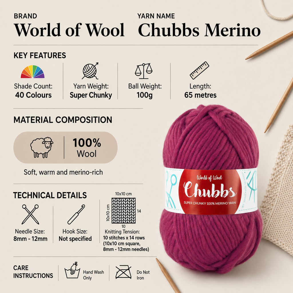 World of Wool Chubbs Merino Super Chunky Yarn - 100g, 100% Pure Merino Wool Thick Single Ply Crochet Knitting & Felting Yarn for Luxury Garments & Plush Accessories