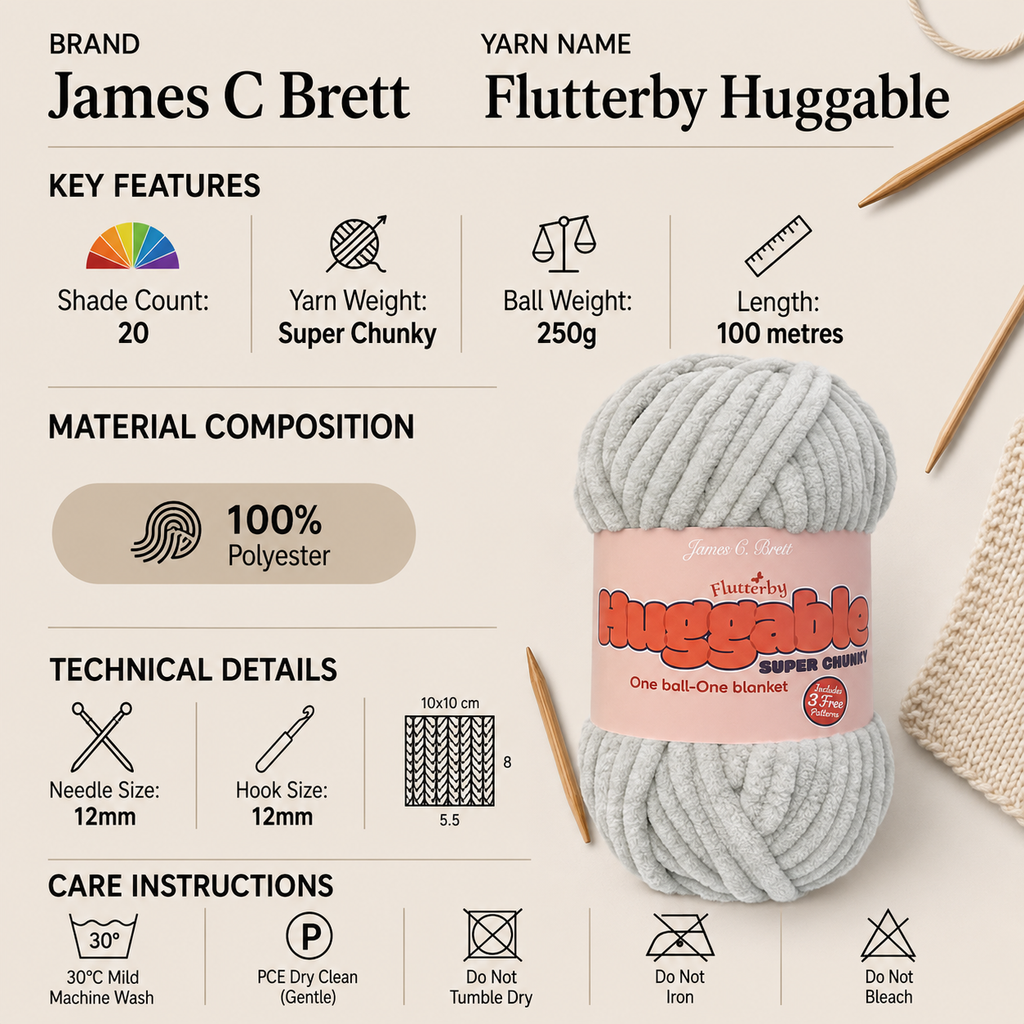 James C Brett Flutterby Huggable Yarn - 250g, 100% Polyester Super Chunky Chenille Texture Fluffy Crochet Knitting Wool for Baby Toys, Blankets, Cushions & Crafting