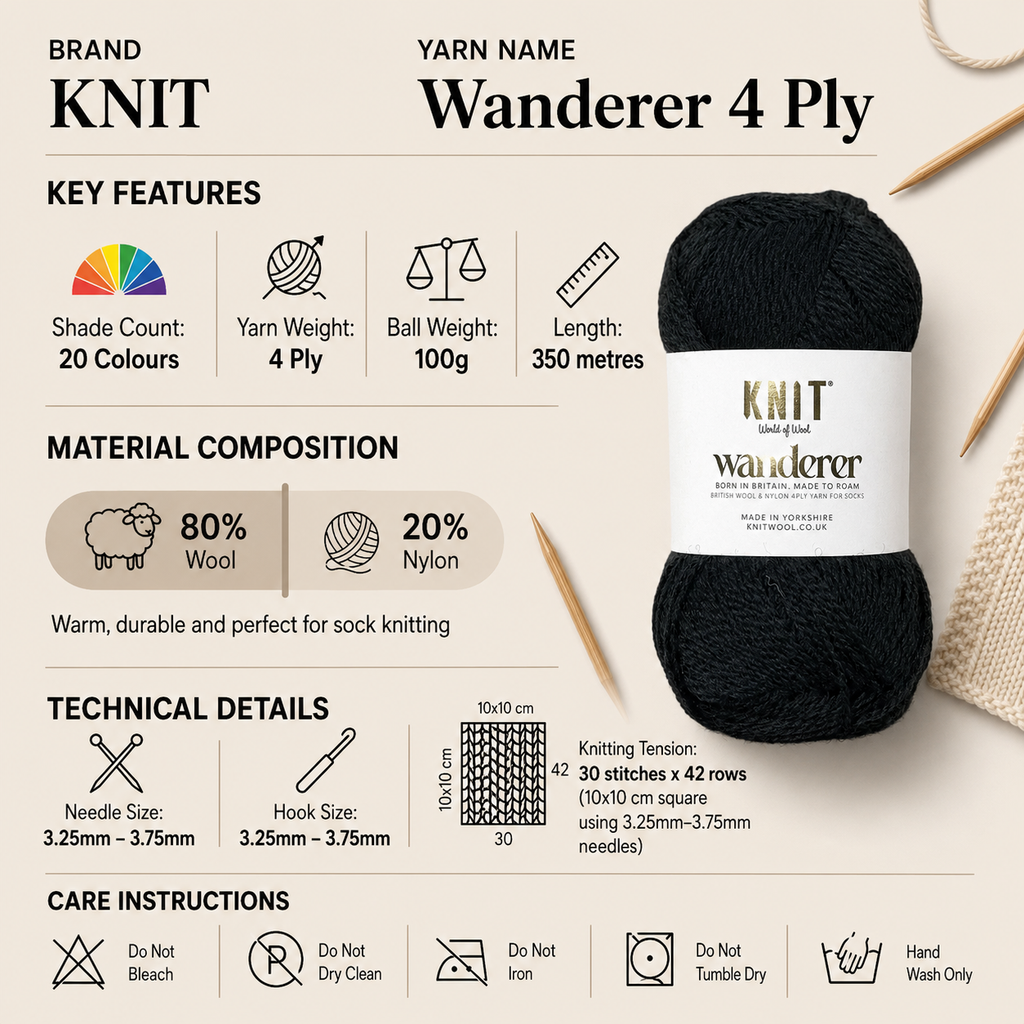 KNIT Wanderer 4 Ply Crochet Yarn - 100g, British Wool & Recycled Nylon Blend Soft Lightweight Everyday Knitting Wool for Socks, Shawls, Hats & Accessories