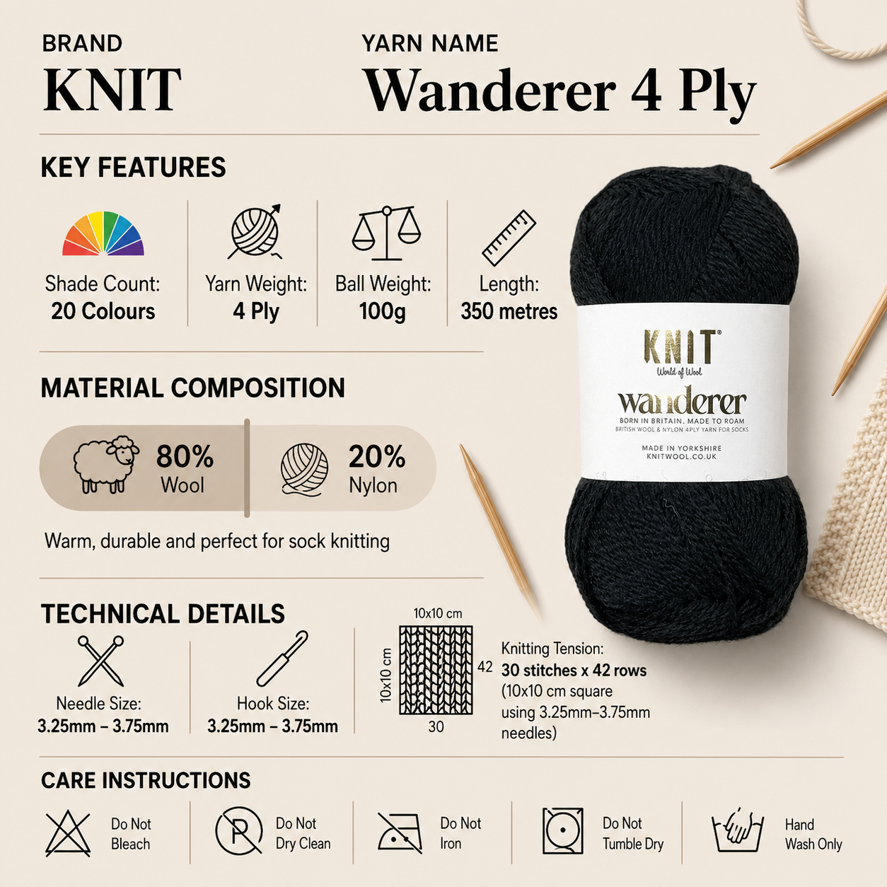 KNIT Wanderer 4 Ply Crochet Yarn - 100g, British Wool & Recycled Nylon Blend Soft Lightweight Everyday Knitting Wool for Socks, Shawls, Hats & Accessories