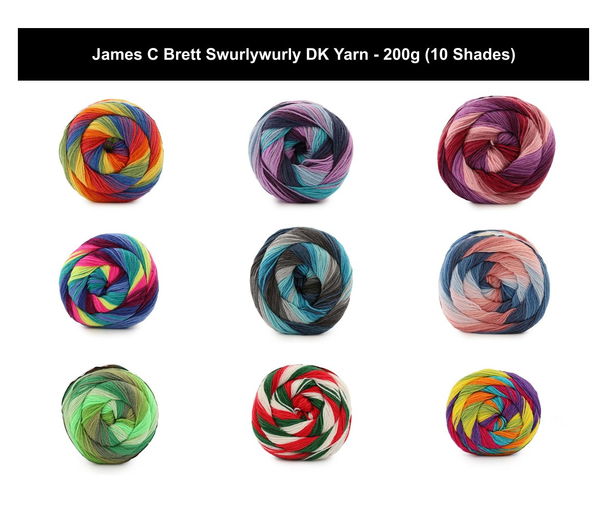 James C Brett Swurlywurly DK Yarn - 200g, Soft 100% Acrylic Double Knitting Self-Striping Cake Wool Yarn for Jumpers, Cardigans, Hats & Accessories