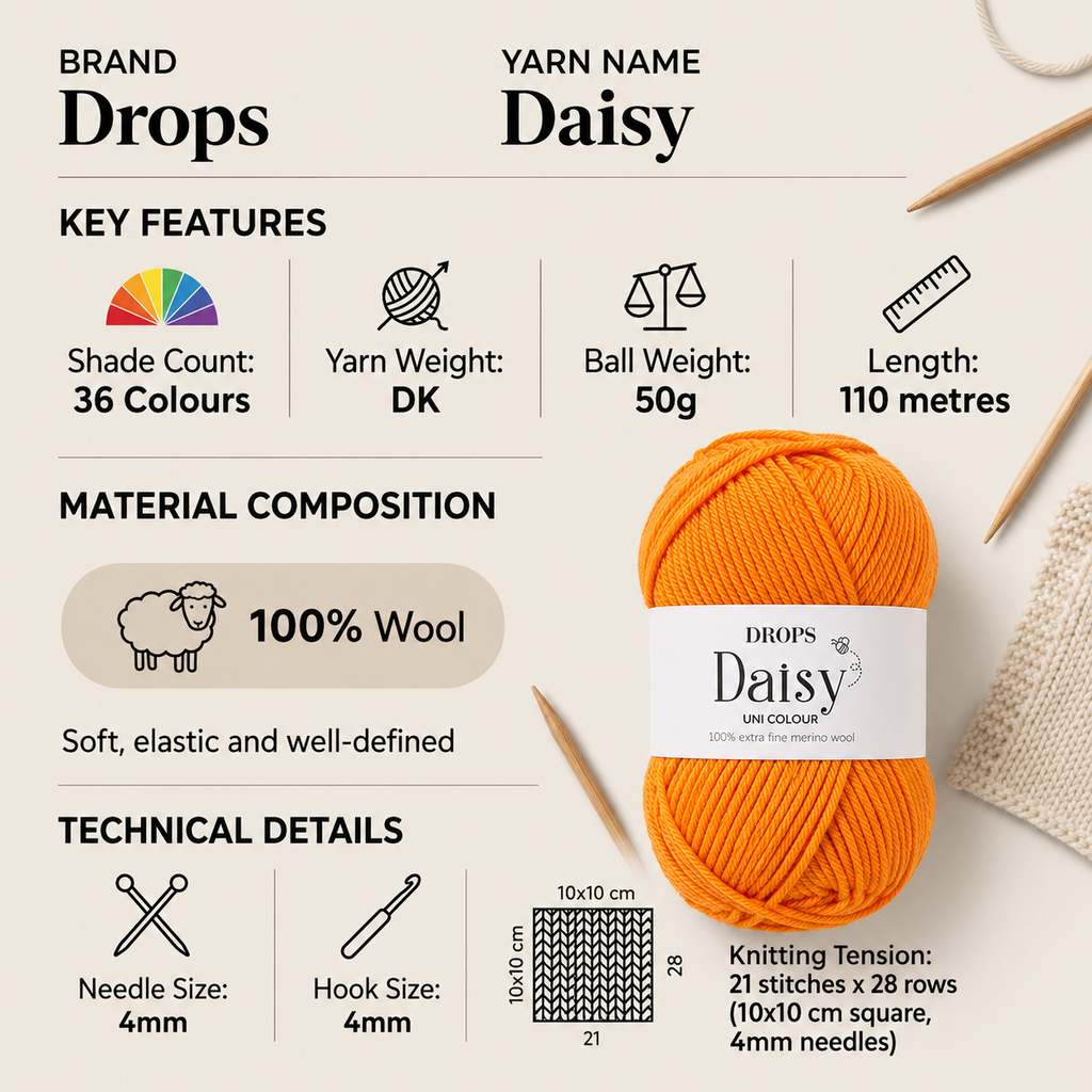 Drops Daisy DK Yarn for Crochet - 50g, Luxury Merino Wool Comfortable Next-To-Skin Feel Double Knitting Wool for Garments, Baby Clothes & Accessories