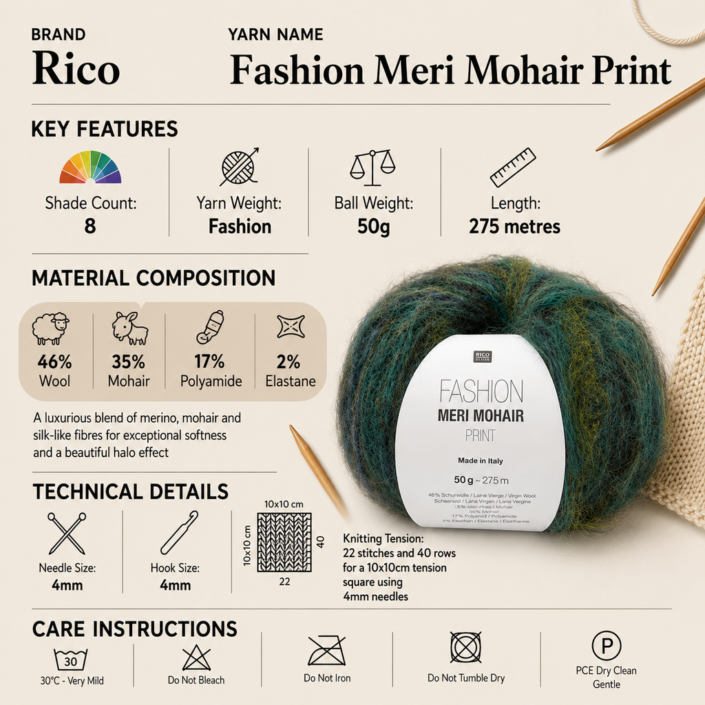 Rico Fashion Meri Mohair Print Yarn - 50G, Polyamide Wool Mohair Blend Fluffy Self Striping Crochet Knitting Wool Yarn for Luxury Sweaters, Shawls & Beanies