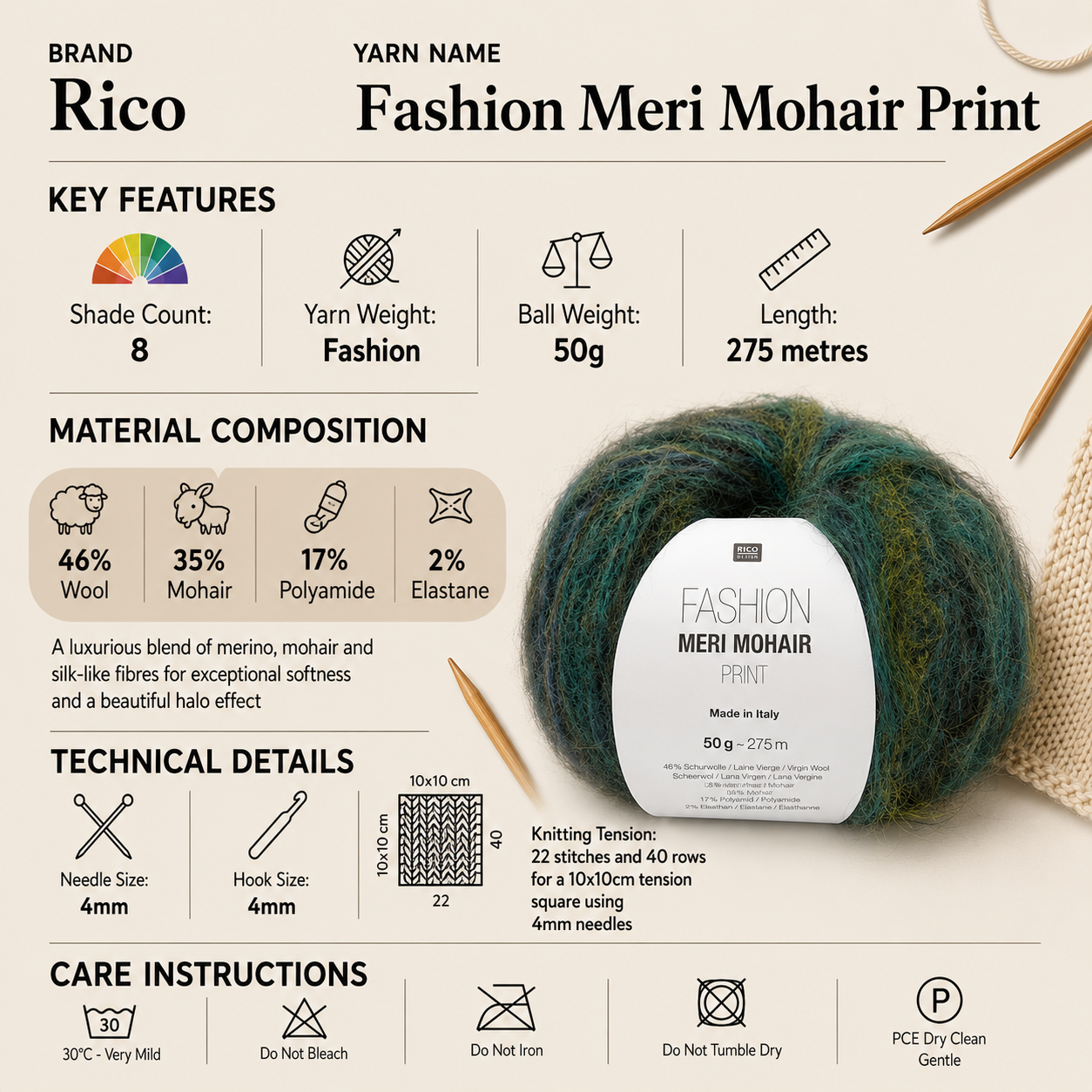 Rico Fashion Meri Mohair Print Yarn - 50G, Polyamide Wool Mohair Blend Fluffy Self Striping Crochet Knitting Wool Yarn for Luxury Sweaters, Shawls & Beanies