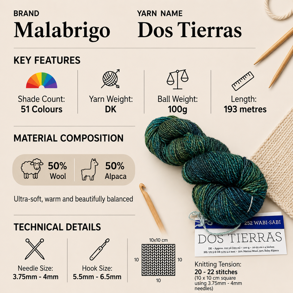 Malabrigo Dos Tierras DK Crochet Yarn - 100g, Soft Merino Wool & Baby Alpaca Blend Hand Dyed Variegated Double Knitting Yarn for Sweaters & Shawl