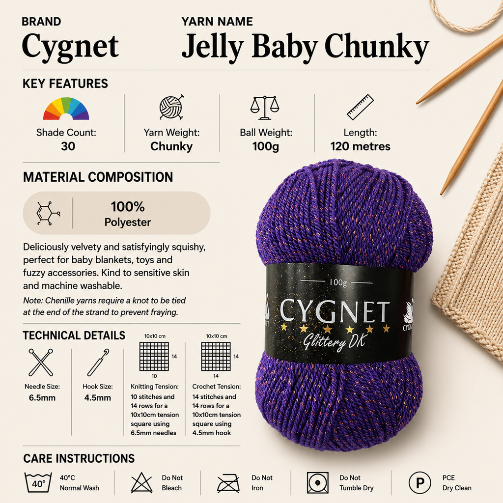 Cygnet Jelly Baby Chunky Yarn - 100g, 100% Polyester Chenille Crochet & Knitting Yarn for Baby Blankets, Toys & Accessories