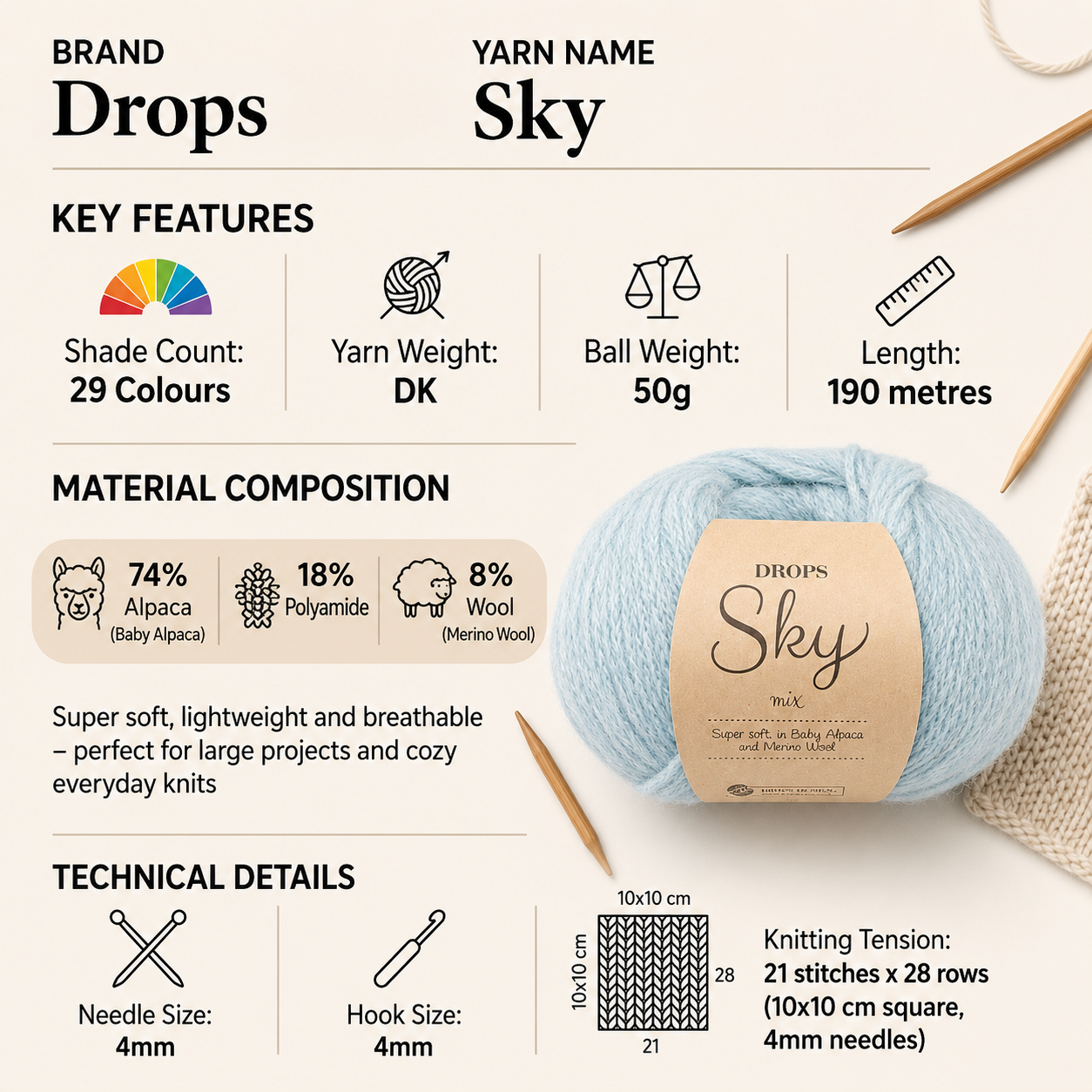 Drops Sky DK Yarn for Crochet - 50g, Baby Alpaca, Polyamide & Merino Wool Blend Lightweight Soft Double Knitting Wool yarn for Winter Blankets & Garments