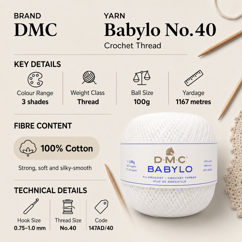 DMC Babylo No.40 Crochet Thread Yarn - 100g, 100% Mercerised Cotton Knitting Yarn for Decorative Lacework, Doilies & Fine Detail Crafting
