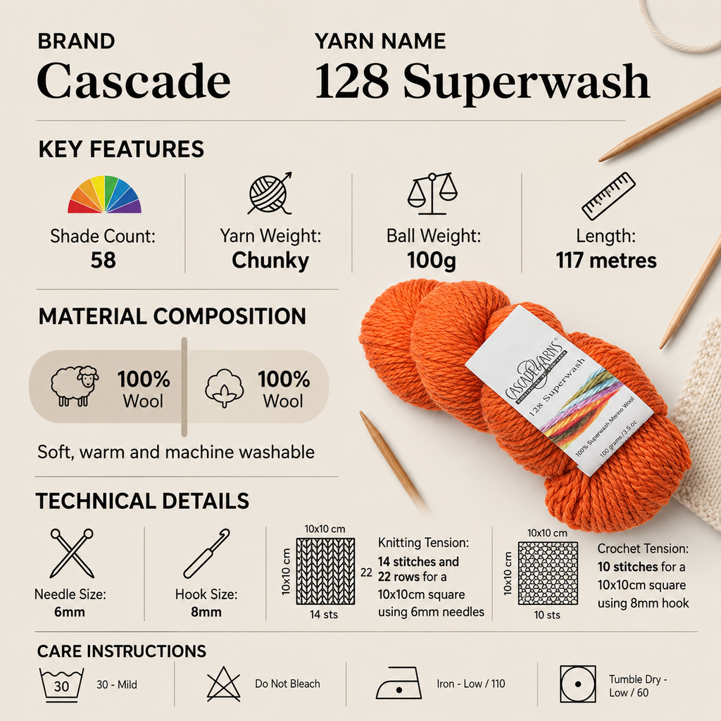 Cascade 128 Superwash Chunky Yarn - 100g, Luxury 100% Superwash Merino Wool Soft Bulky Knitting Wool Yarn for Crochet Kids Clothing, Afghans & Accessories