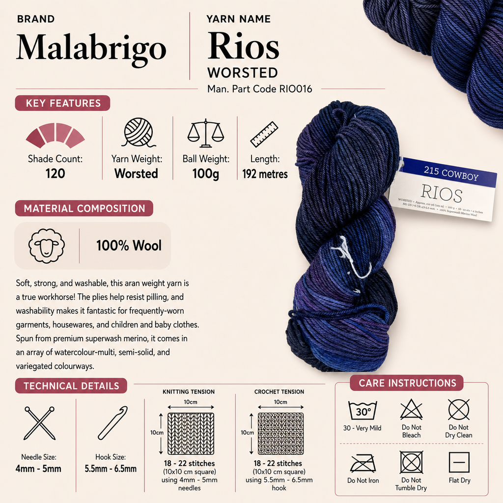 Malabrigo Rios Worsted Crochet Yarn - 100g, 100% Superwash Merino Wool, Hand Dyed Soft Pilling Resistant 4 Ply Aran Knitting Yarn for Garments & Baby Projects