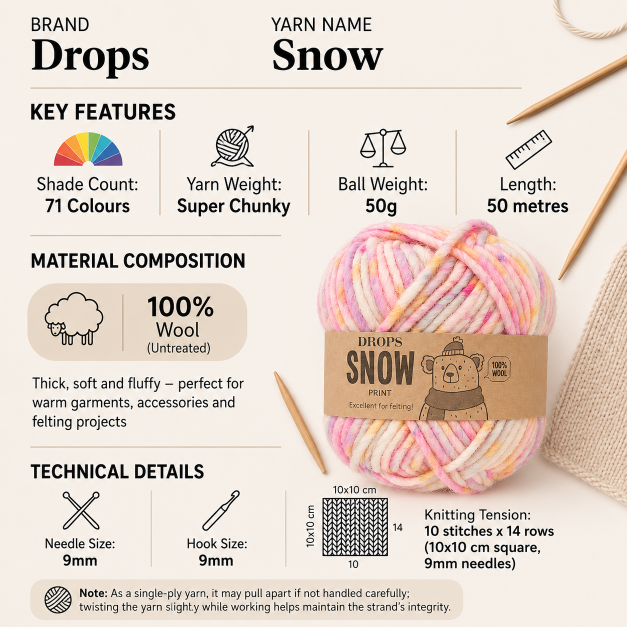 Drops Snow Super Chunky Yarn for Crochet - 50g, 100% Pure Wool Soft Single Ply Roving Knitting Wool for Winter Felting Scarves, Blankets & Cosy Accessories