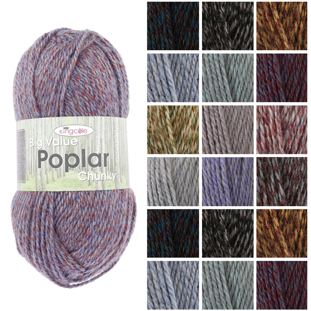 King Cole Big Value Poplar Chunky Yarn 100% Acrylic, Soft Marled Chunky Knitting & Crochet Yarn, 150m Wool - 100g