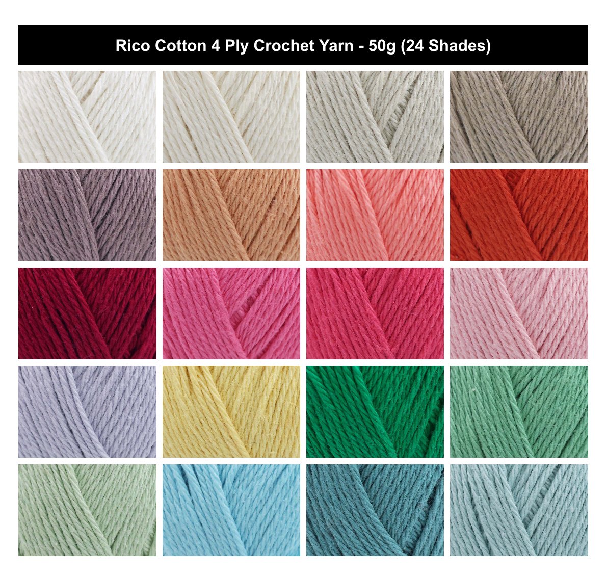 Rico Cotton 4 Ply Crochet Yarn - 50G, 100% Mercerised Cotton Smooth Sheen Finish Knitting Yarn for Amigurumi, Baby Booties & Baby Blanket