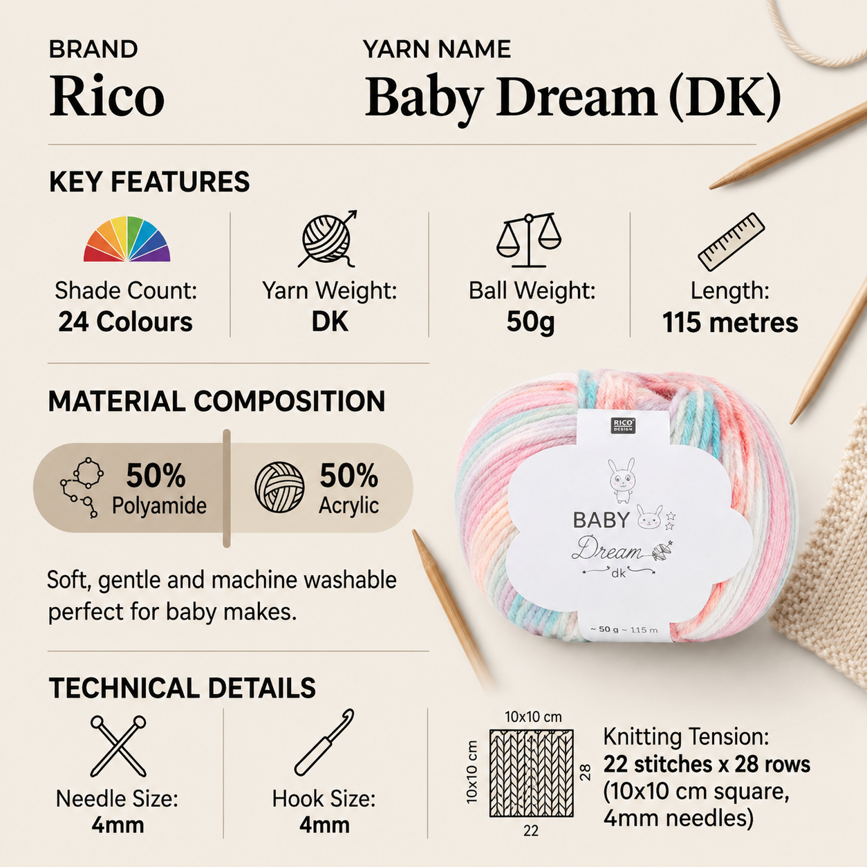 Rico Baby Dream DK Yarn for Crochet - 50G, Acrylic Polyamide Blend Self-Striping Soft Double Knitting Wool Baby Yarn for Blankets, Cardigans & Headwear