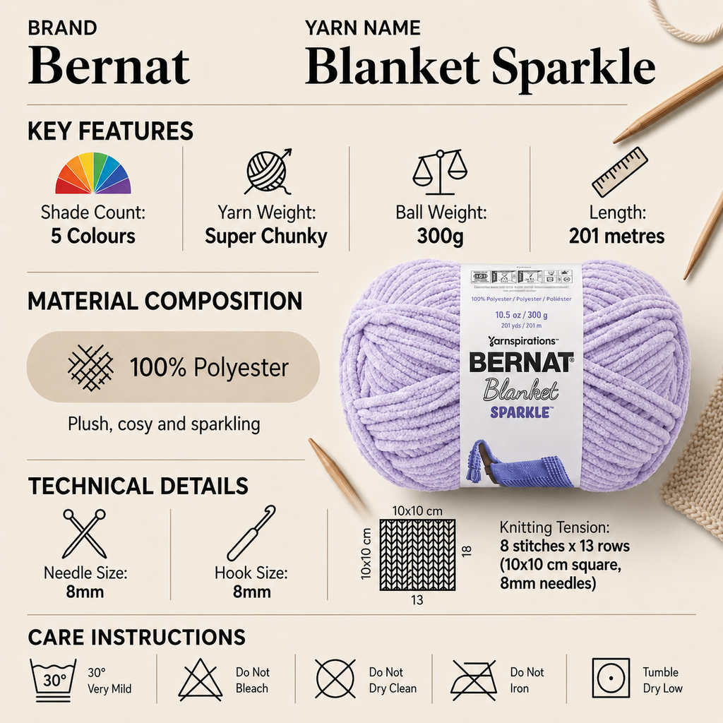 Bernat Blanket Sparkle Super Chunky Yarn - 300G, 100% Polyester Soft Chenille Glitter Shimmer Thick Knitting & Crochet Yarn for Blankets, Cushions & Throws
