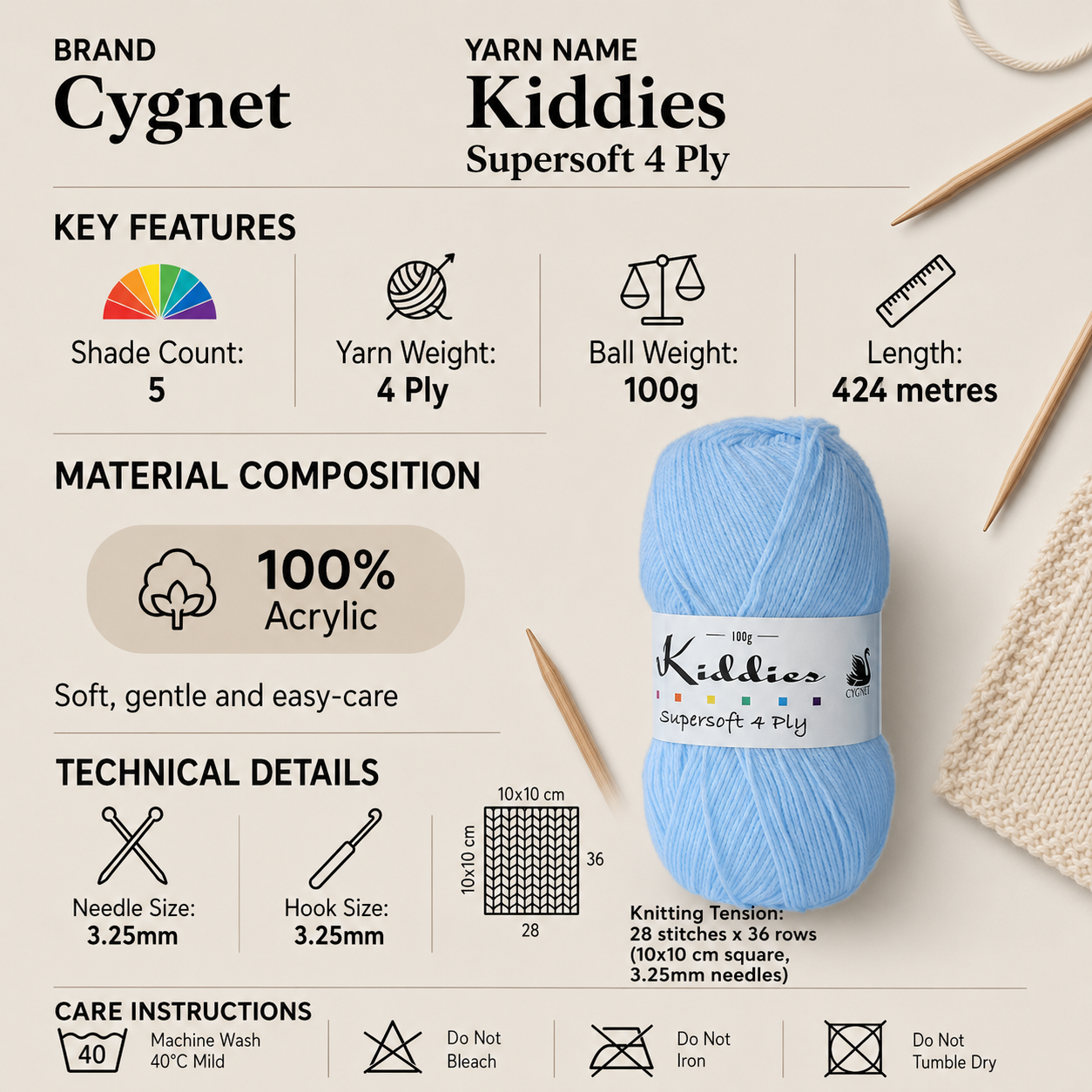 Cygnet Kiddies Supersoft 4 Ply Baby Yarn - 100g, 100% Acrylic Knitting & Crochet Yarn for Baby Blankets, Garments & Accessories