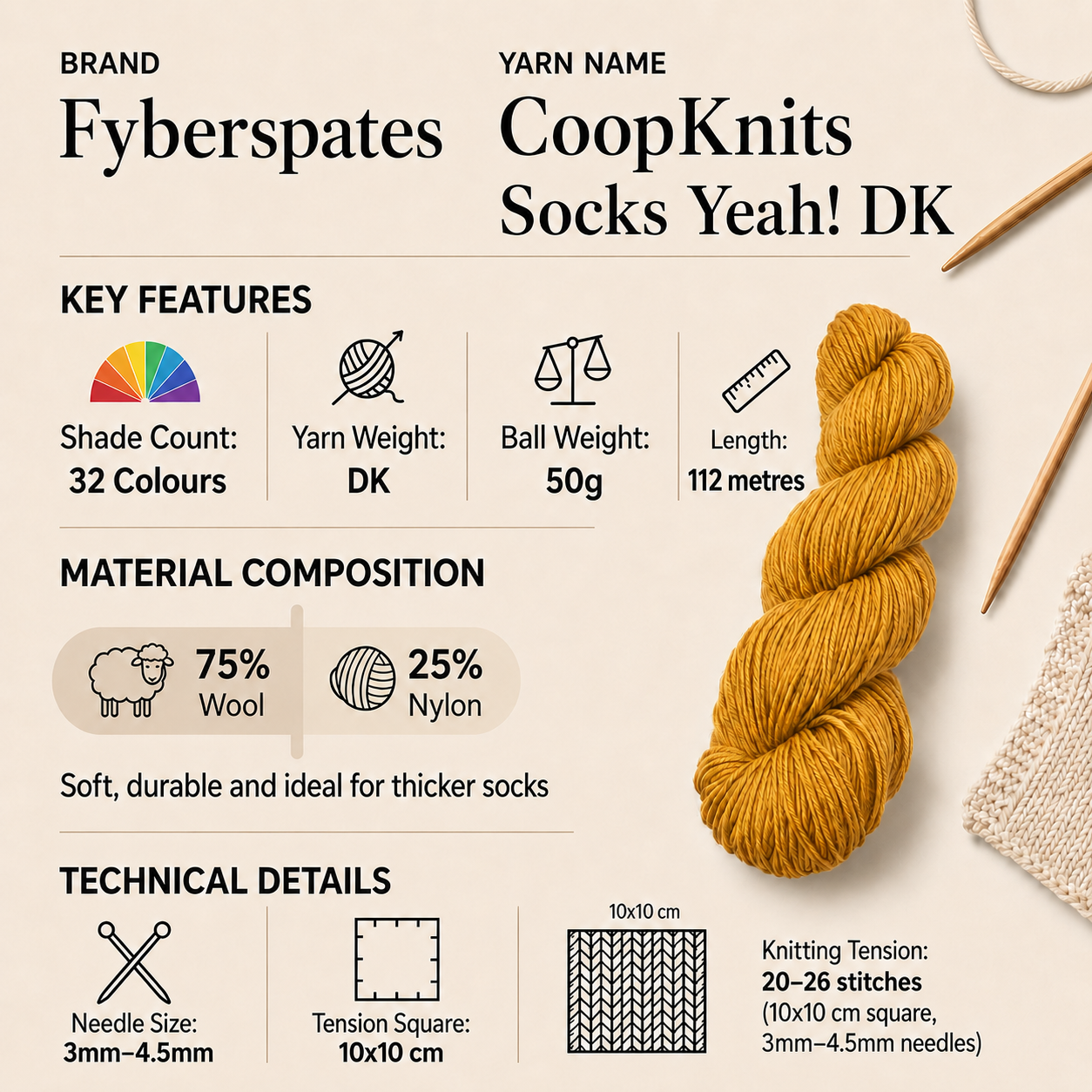 Fyberspates CoopKnits Socks Yeah! DK Yarn - 50g, Wool & Nylon Blend Hand dyed Colourful Double Crochet & Knitting Wool for Garments, Hats & Everyday Accessories