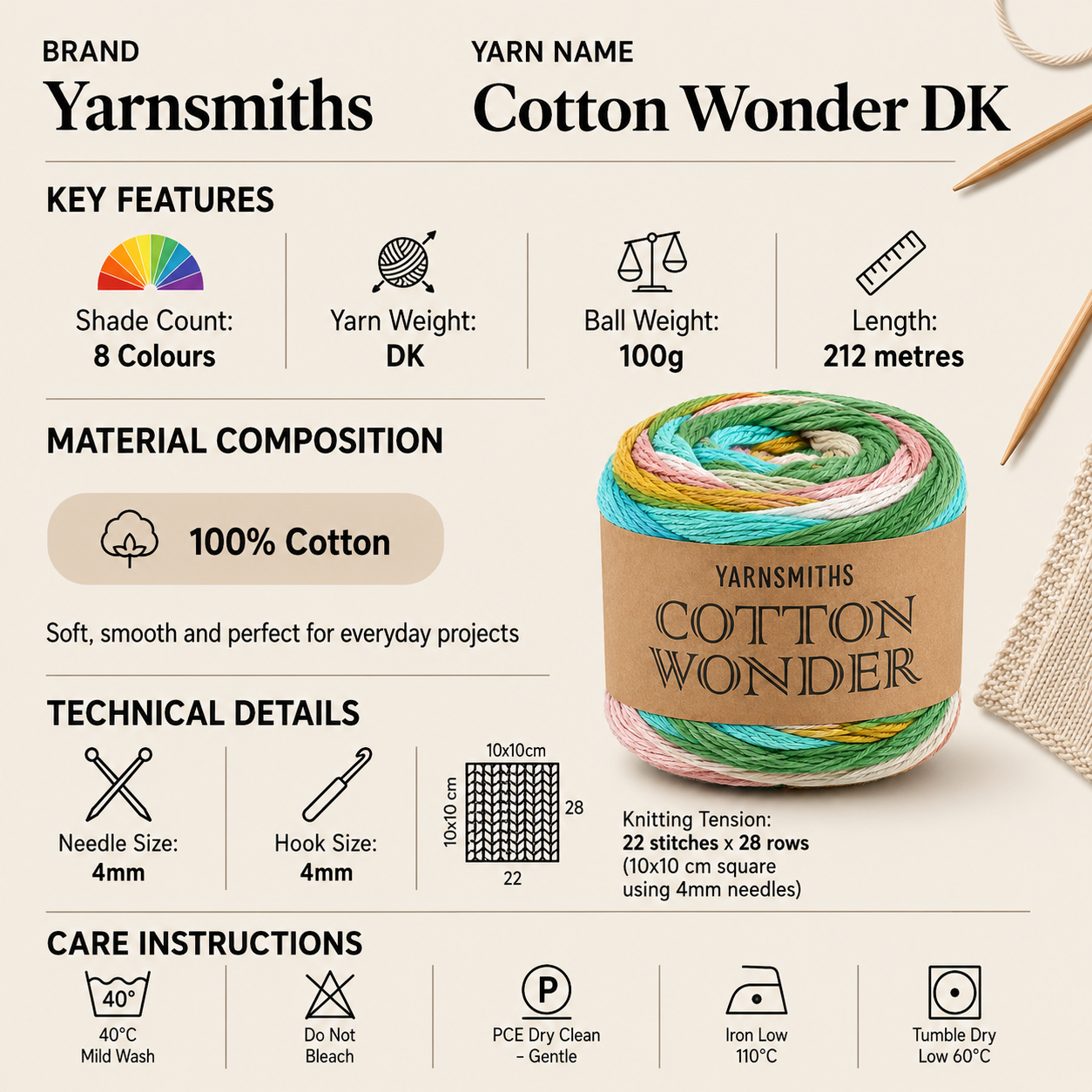 Yarnsmiths Cotton Wonder DK Yarn - 100g, Cotton Soft Variegated Self-Striping Double Knitting Crochet Yarn for Summer Shawls & Cardigans