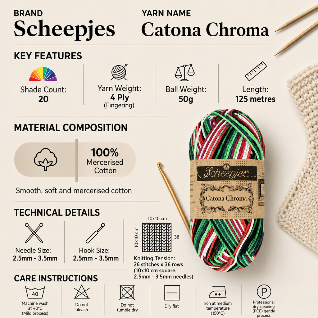 Scheepjes Catona Chroma 4 Ply Crochet Yarn - 50g, 100% Mercerised Cotton Silky Multicoloured Knitting Wool for Crochet Or Knit Blankets, Garments & Amigurumi