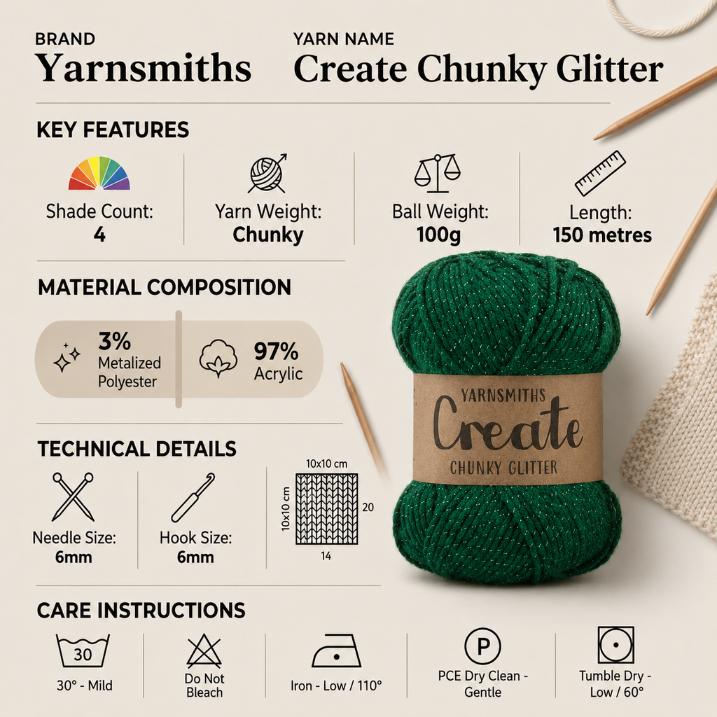 Yarnsmiths Create Chunky Glitter Yarn - 100g, Acrylic Polyester Blend Non-Scratchy Knitting & Crochet Yarn for Cozy Cowls & Amigurumi
