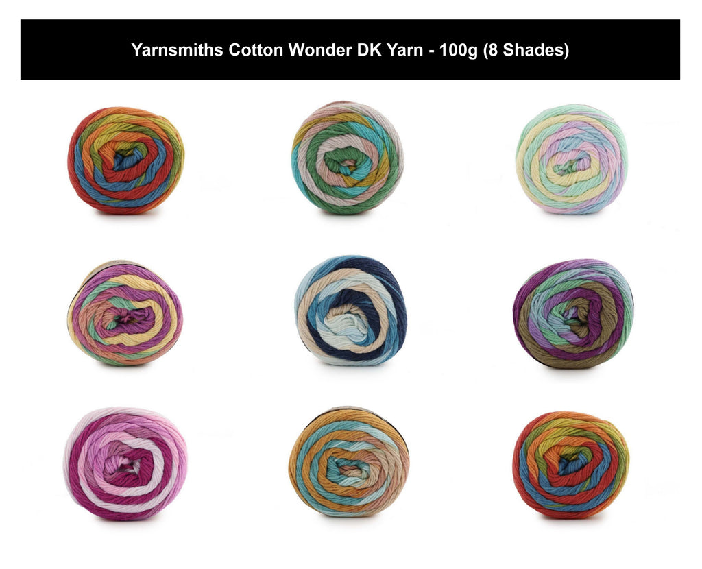 Yarnsmiths Cotton Wonder DK Yarn - 100g, Cotton Soft Variegated Self-Striping Double Knitting Crochet Yarn for Summer Shawls & Cardigans
