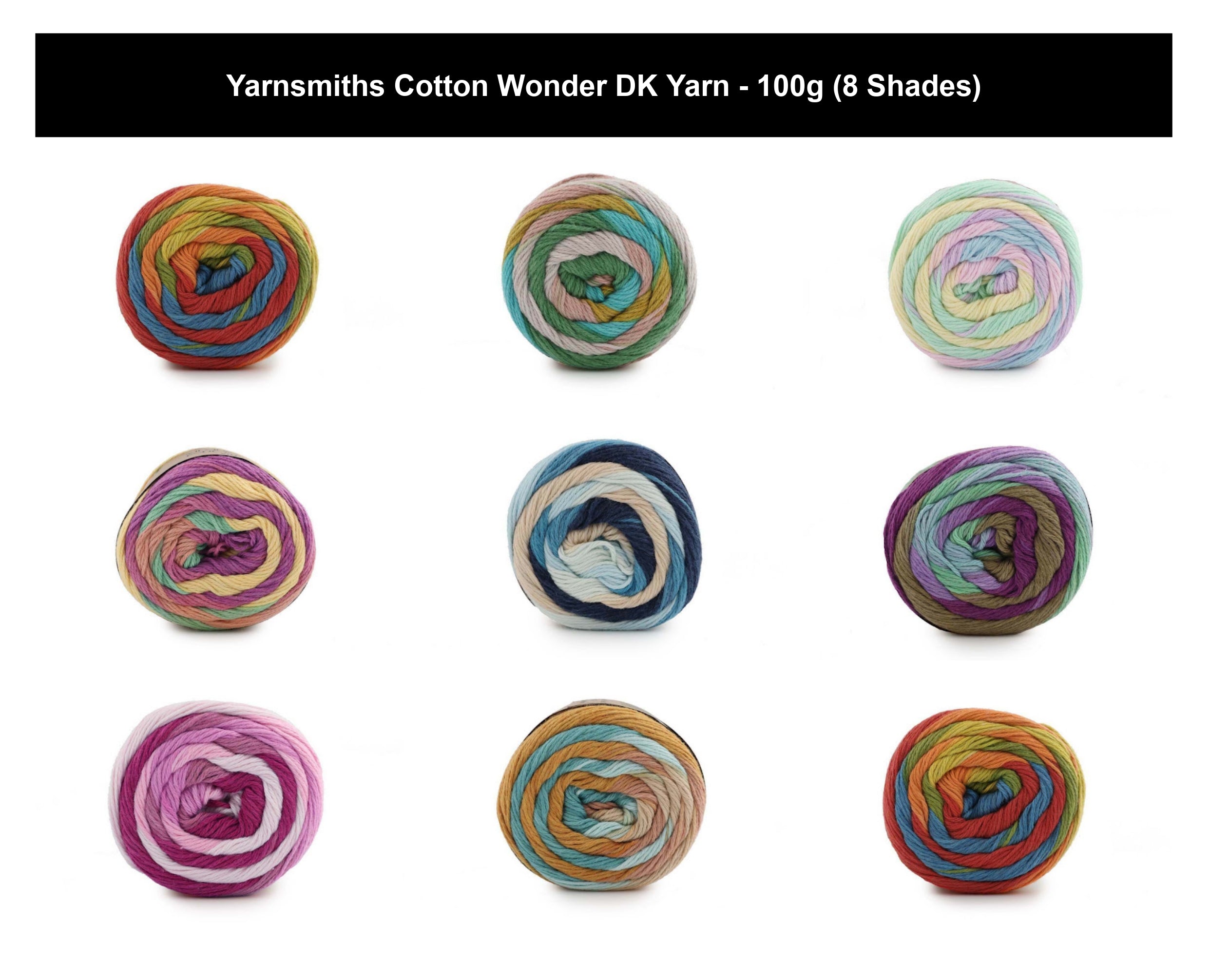 Yarnsmiths Cotton Wonder DK Yarn - 100g, Cotton Soft Variegated Self-Striping Double Knitting Crochet Yarn for Summer Shawls & Cardigans