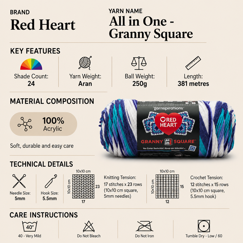 Red Heart All in One Granny Square Yarn - 250g, 100% Acrylic Self-Striping Beginner Knitting Wool for Crochet Blankets, Accessories, Home Décor & Motif Projects