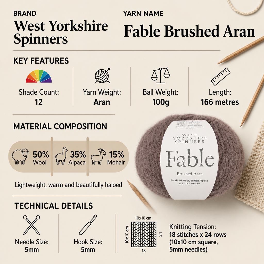 West Yorkshire Spinners Fable Brushed Aran - 100g, Luxury Wool, Alpaca & Mohair Blend Soft Halo Effect Crochet Knitting Wool Yarn for Fluffy Cardigans & Jumpers